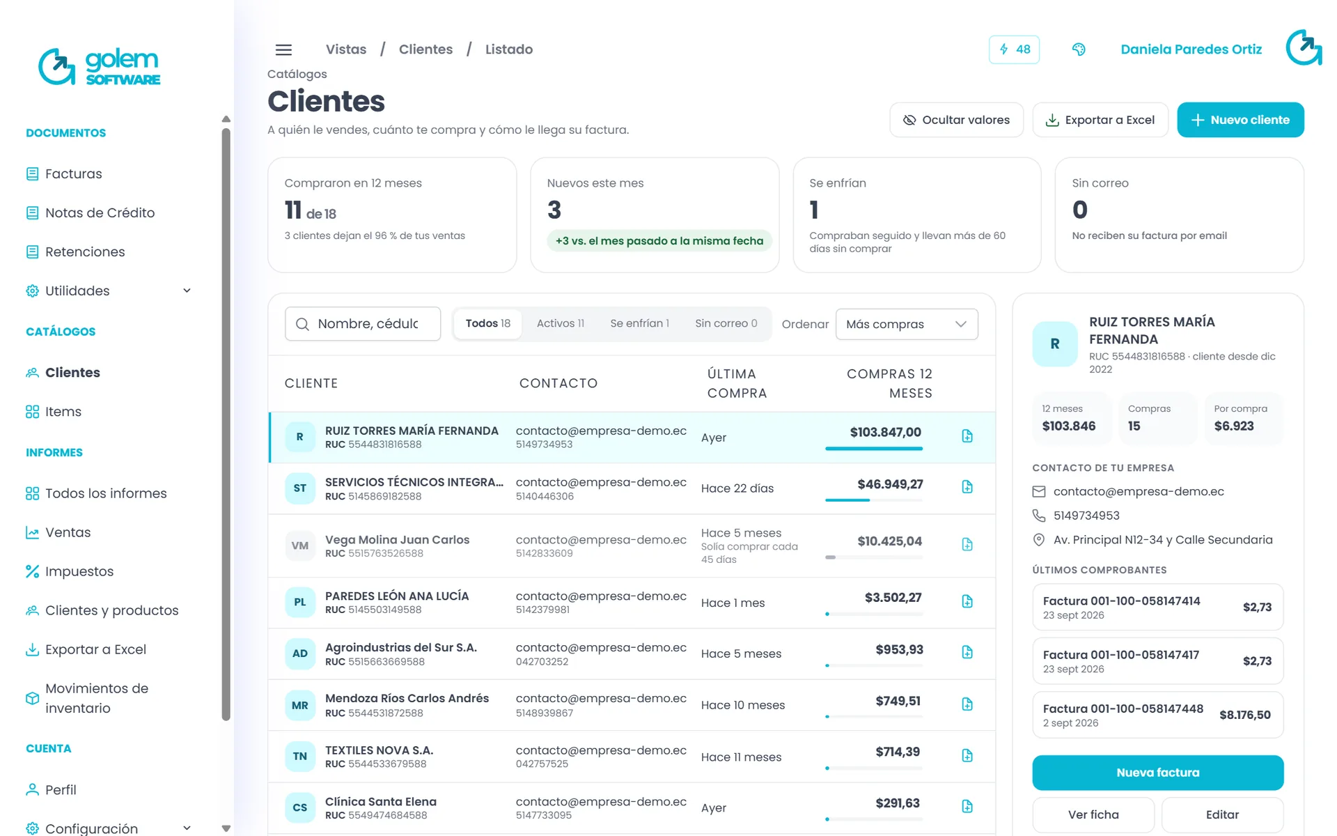 Catálogo de clientes con compras de los últimos 12 meses y ficha del cliente