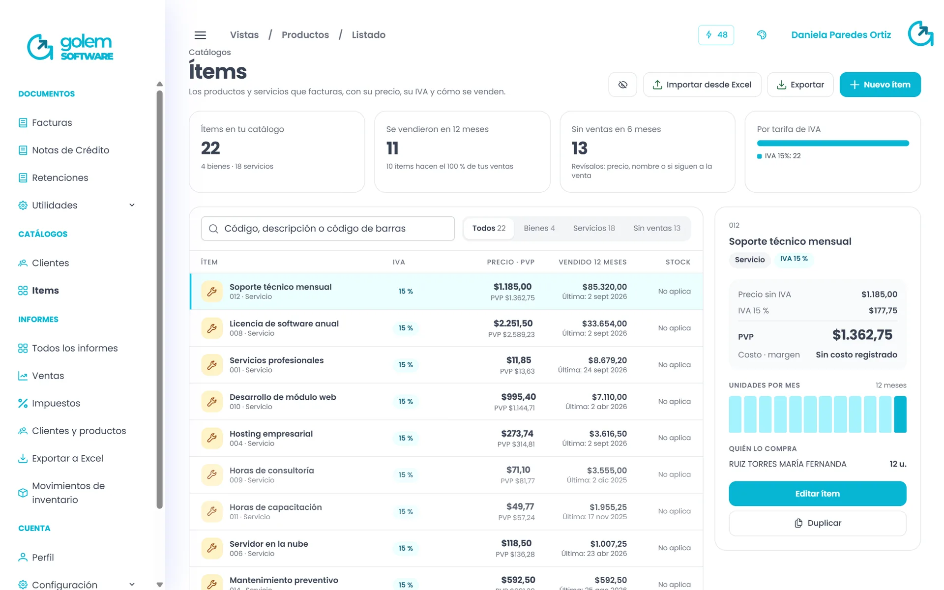 Catálogo de productos y servicios con precio, IVA y ventas